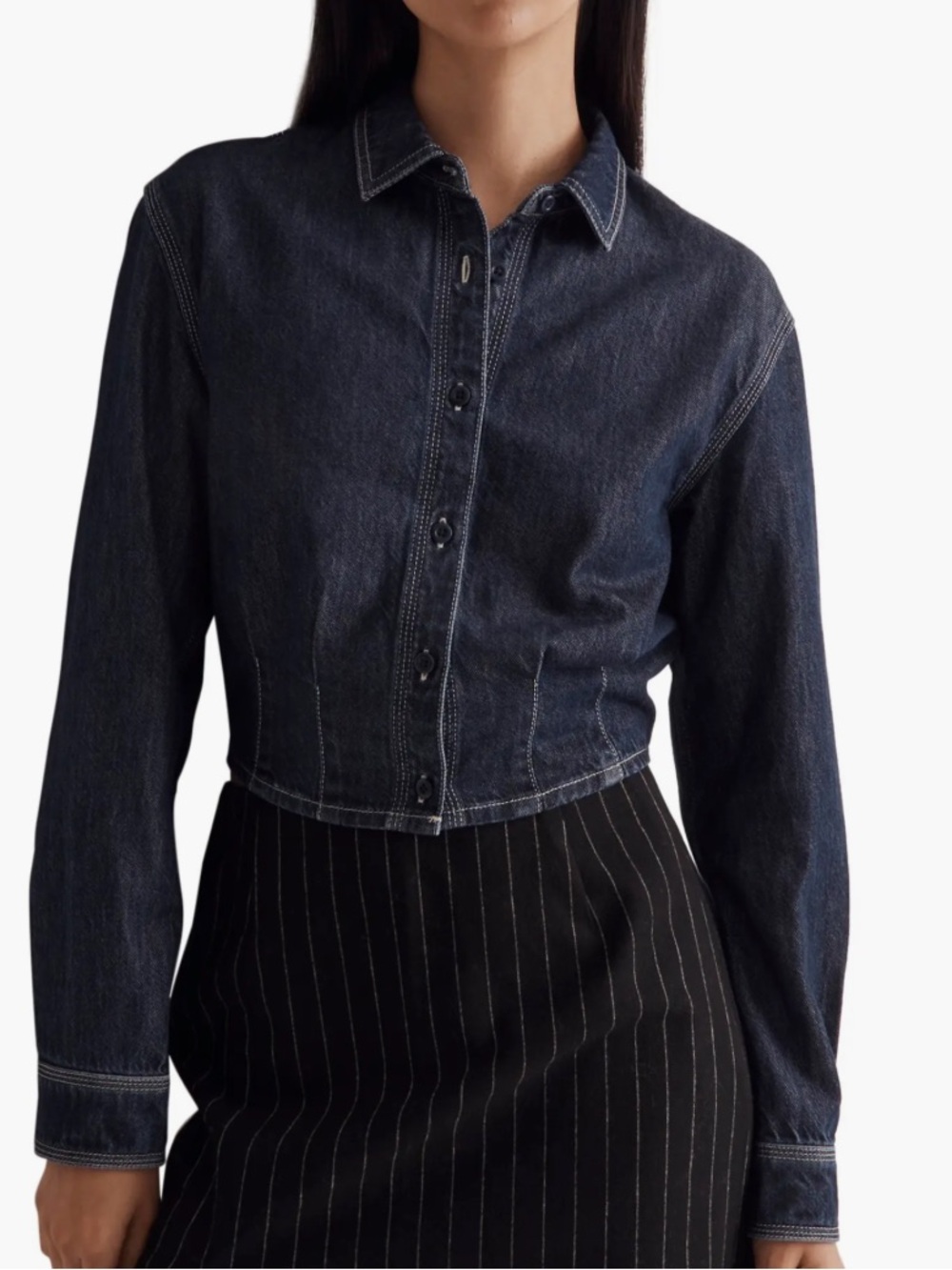 Madewell Denim Pleated Cropped Button-Up Shirt XS
